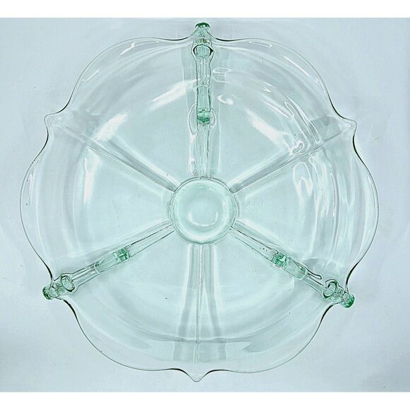 Large Depression Green Glass 13.5" Bowl/Platter Ornate Shape and Decorative Feet - Picture 3 of 8